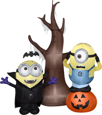 Gemmy Minions Halloween Inflatable Scene, 5.5 Ft Tall Lighted Universal Yard Decoration with Tree and Pumpkin, Outdoor Decor with Stakes and Tethers