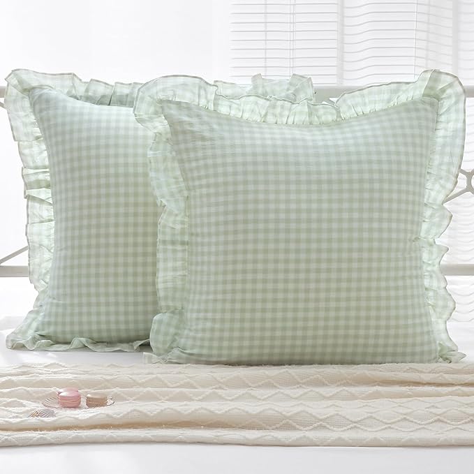 2 Pack Pile Green White Plaid Ruffle Gingham Euro Shams Pillow Covers, 100% by KMASANIJI
