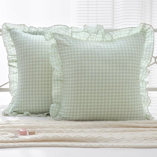 2 Pack Pile Green White Plaid Ruffle Gingham Euro Shams Pillow Covers, 100% by KMASANIJI