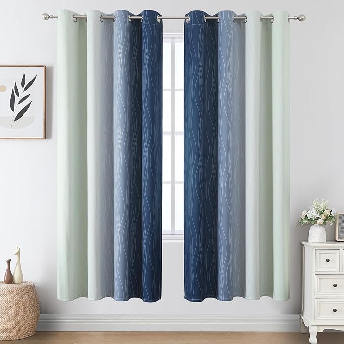 Estelar Textiler Navy Blue and Sage Green Ombre Blackout Curtains 72 Inch - Image 2