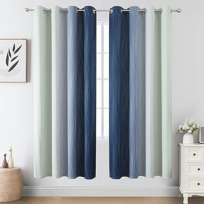 Estelar Textiler Navy Blue and Sage Green Ombre Blackout Curtains 72 Inch - Image 2