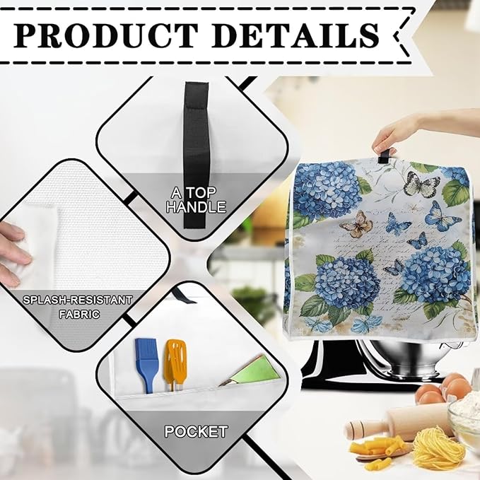 Butterfly Stand Mixer Cover 6-8 Quart Hydrangea Floral Kitchen Appliance Dust - Image 3
