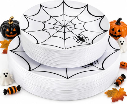 WDF 60Pieces Halloween Plates Disposable Plastic - White and Black with Cobwebs plates Dinnerware include 30PCS 10.25inch and 30PCS 7.5inch Plates for Halloween