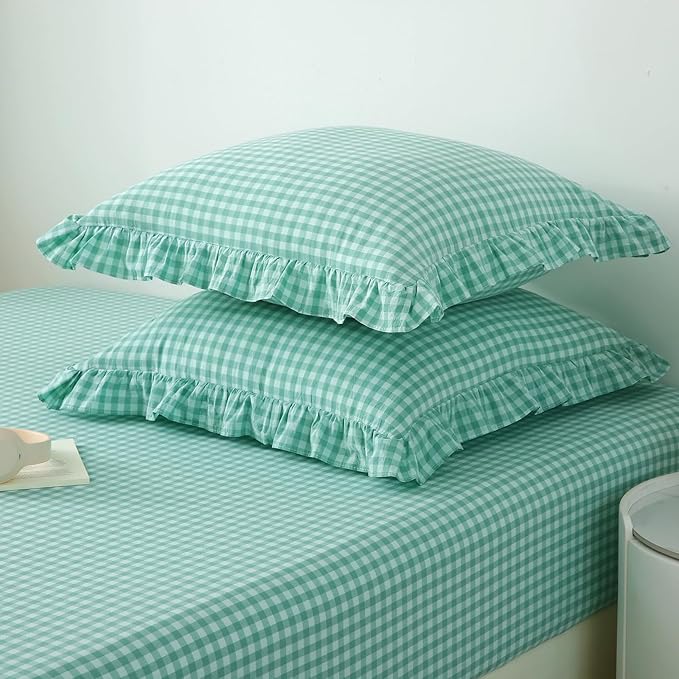 2 Pack Spa Blue White Plaid Ruffle Gingham Euro Pillow Sham Covers, 100% Washed - Image 3