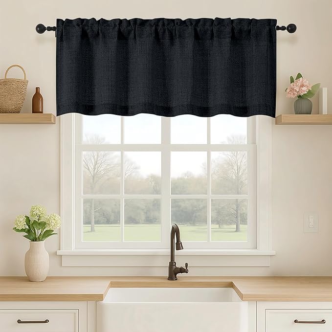 OVZME Black Valance for Windows, Light Filtering Faux Linen Textured Small by OVZME