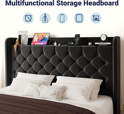 allewie queen bed frame, storage headboard & charging, side view
