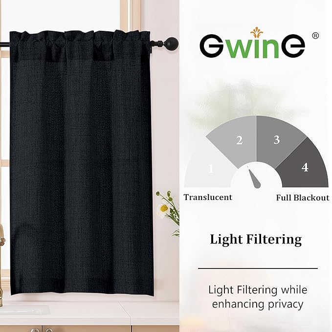 Gwine Black Short Curtains 24 Inch Length 2 Panels, Light Filtering Textured - Image 2