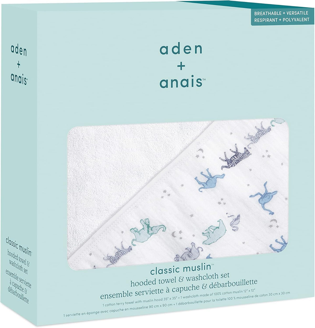 aden + anais muslin backed hooded towel set shown in use