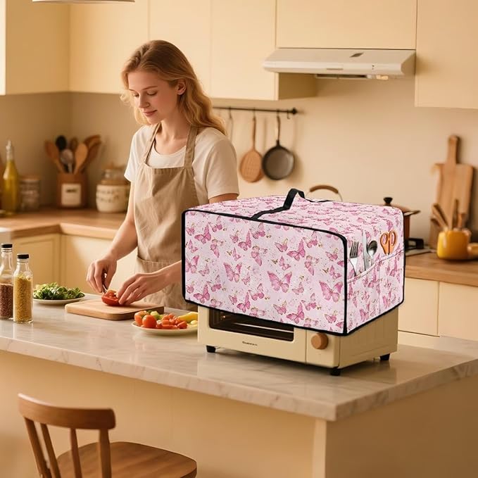 Pink Butterfly Print Microwave Oven Dust Cover Polyester-Linen Fabric Dust Cover - Image 2