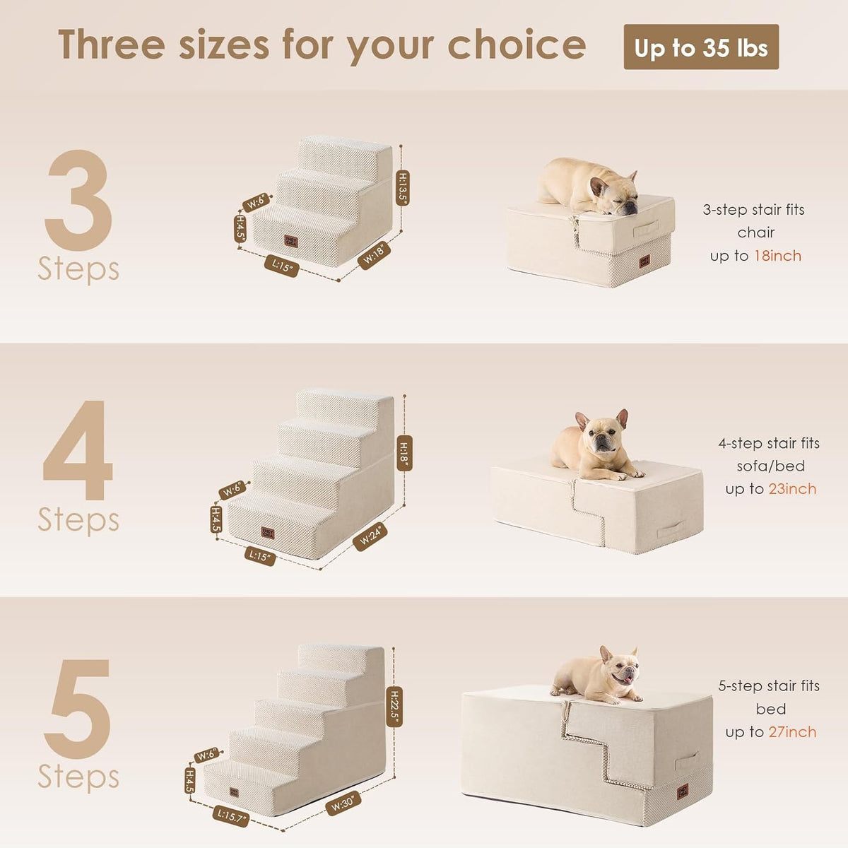 eheyciga dog stairs for bed 18" h, 4-step shown in use