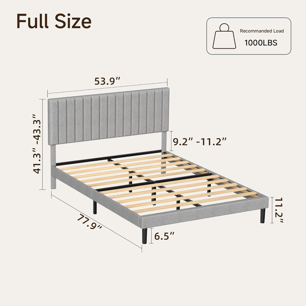 Full Linen Bed Frame with Vertical Channel Tufted Headboard Light Grey