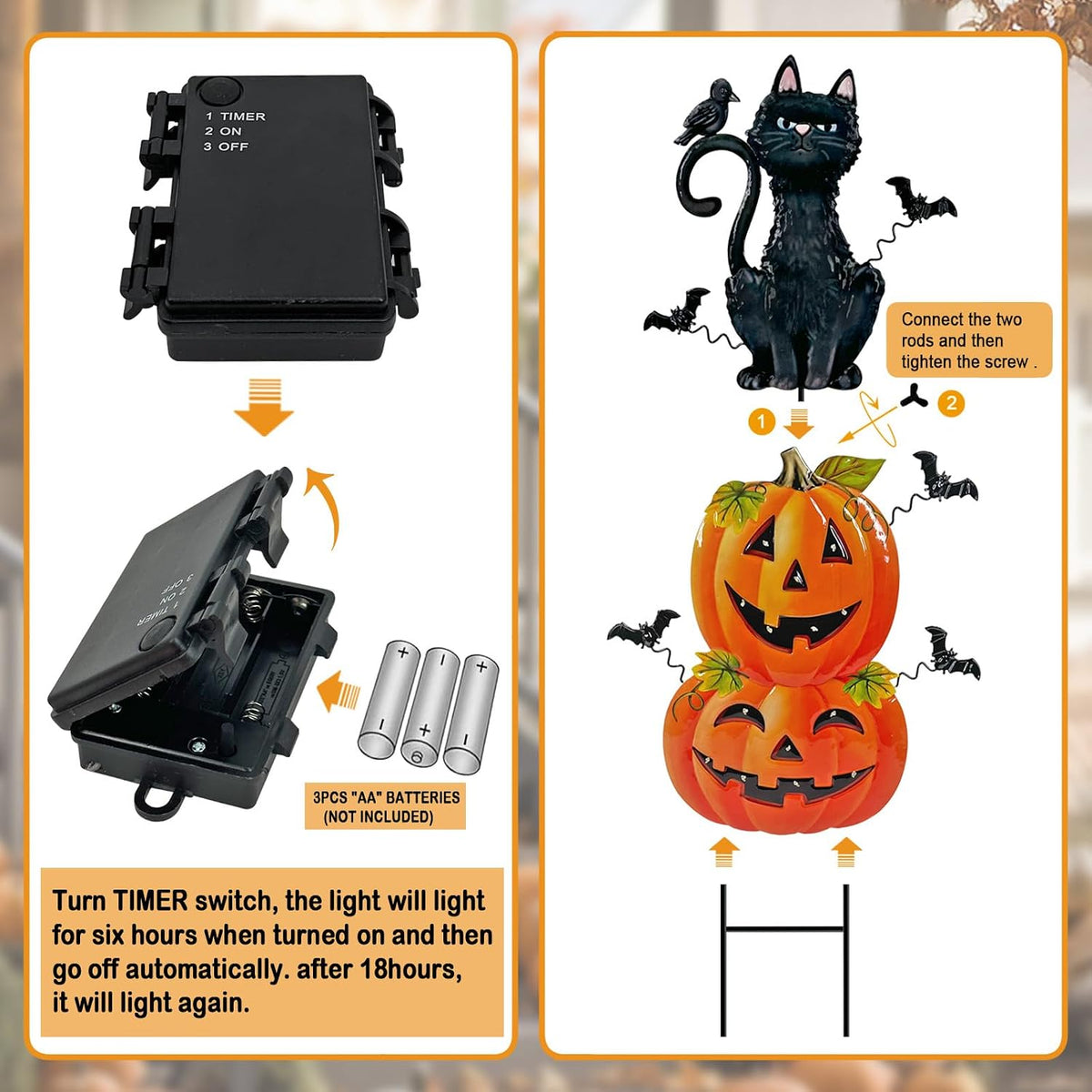 Outdoor Halloween Decorations,Metal Black Cat & Jack'O Lighted Timer Stakes