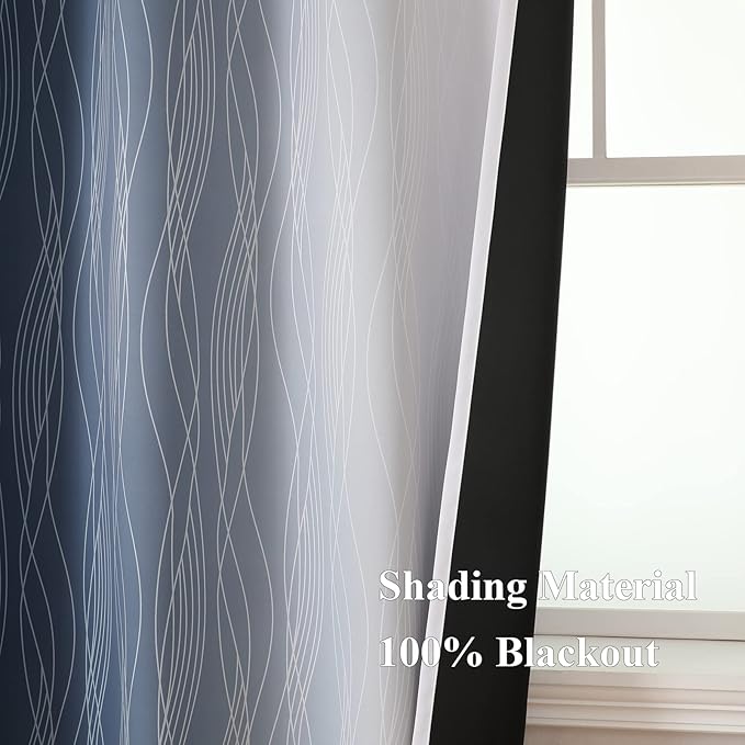 Estelar Textiler Greyish White and Navy Blue Blackout Curtains 96 Inches Long - Image 5
