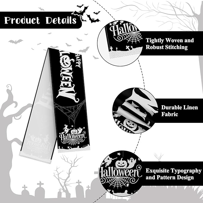 Happy Halloween Table Runner Black Spider Web Witch Pumpkin Kitchen Dining - Image 7