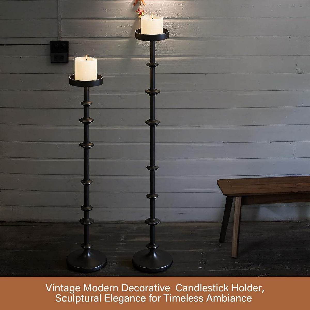 Maxdot Black Metal Pillar Candle Holder 36" 29" Tall Decorative Taper Candle Stand Set of 2 Floor Candlestick Holder Large Metal Black for Christmas Halloween Living Room