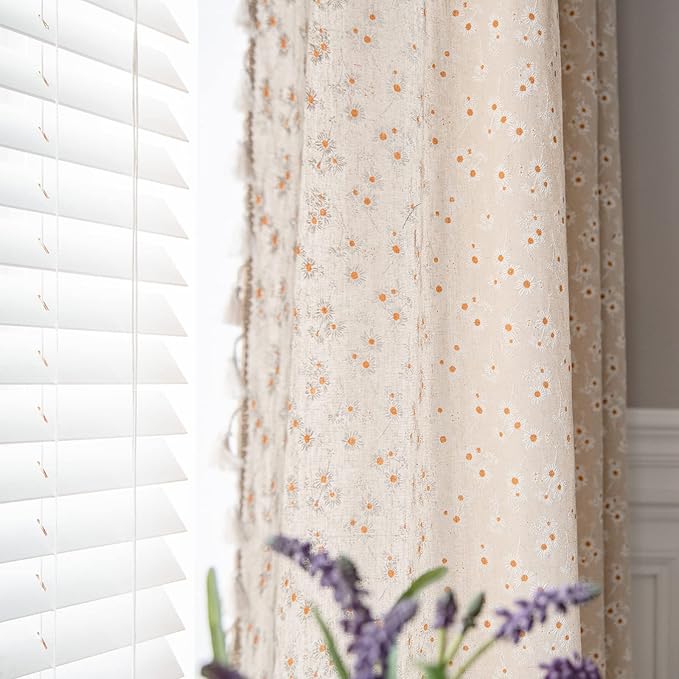ENJOYBRIDAL Daisy Floral Curtains 96 Inch Length 4 Panels Tassel Long Drapes by ENJOYBRIDAL