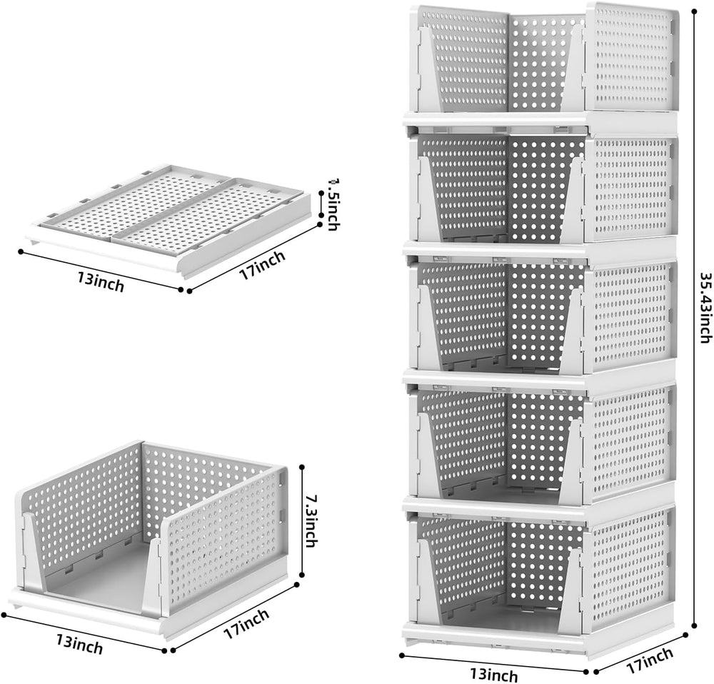 5 Packs Stackable Plastic Storage Basket for Closet Foldable Closet Organizer...