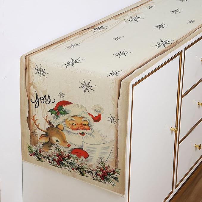 Vintage Christmas Santa Claus Table Runner 13x72 Inch Xmas Deer Joy Seasonal - Image 3