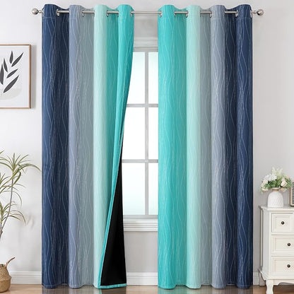 Estelar Textiler Navy Blue and Teal Gradient Blackout Curtains by ESTELARTEXTILER