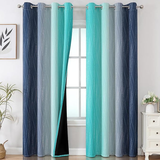 Estelar Textiler Navy Blue and Teal Gradient Blackout Curtains by ESTELARTEXTILER
