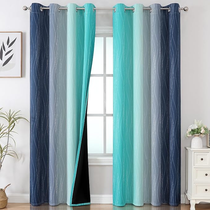 Estelar Textiler Navy Blue and Teal Gradient Blackout Curtains 102 Inches Long by ESTELARTEXTILER
