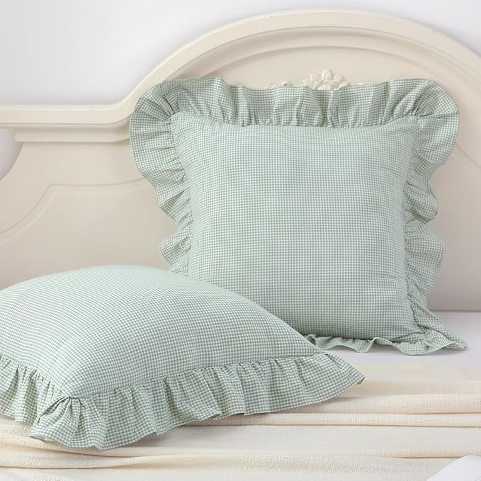 2 Pack Light Green/White Ruffle Plaid Throw Pillow Covers Farmhouse Gingham by Silnuo