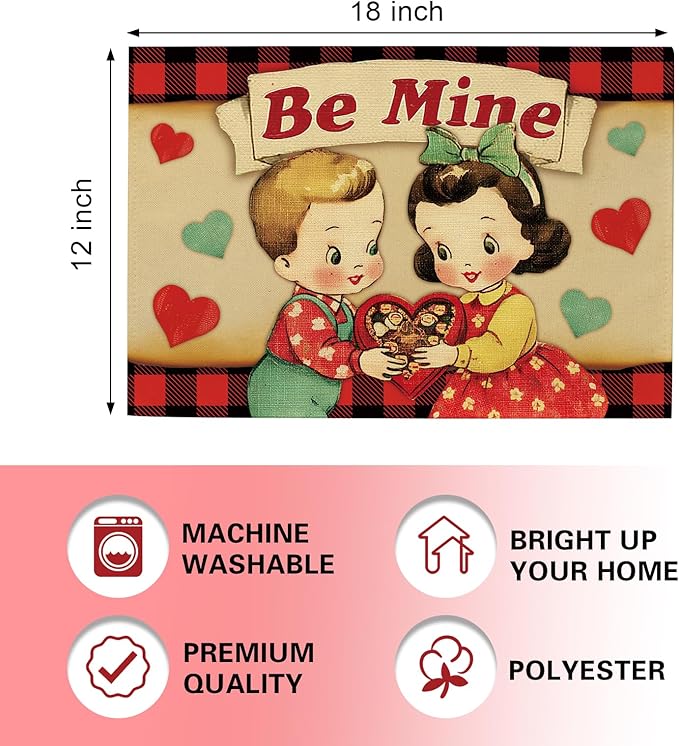 Vintage Valentines Day Kids Placemats Set of 4, Retro Boy Girl Red Blue Love - Image 2