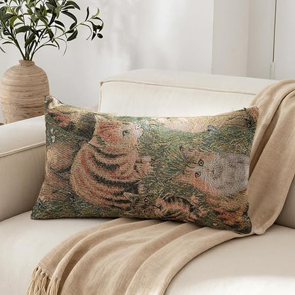 Cute Cat Garden Lumbar Throw Pillow Cover 12x 20, Art Painting Linen Pillow by RinRinfam