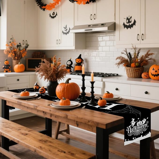 Happy Halloween Table Runner Black Spider Web Witch Pumpkin Kitchen Dining - Image 2