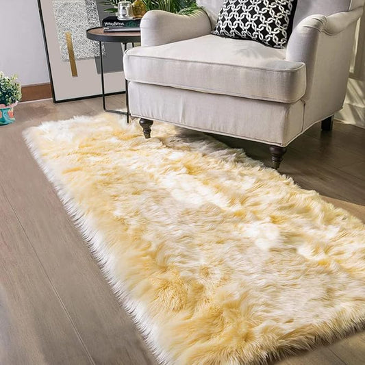 Latepis Yellow Runner 2x6 Fluffy Rug Faux Sheepskin Fur Rug by Latepis