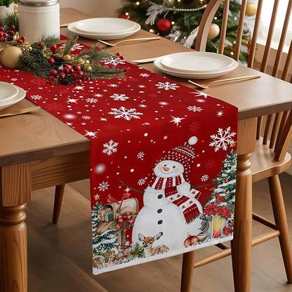 Red Snowman Christmas Table Runner, 18x72 Inch, Xmas Tree Table Runners Elk - Image 2