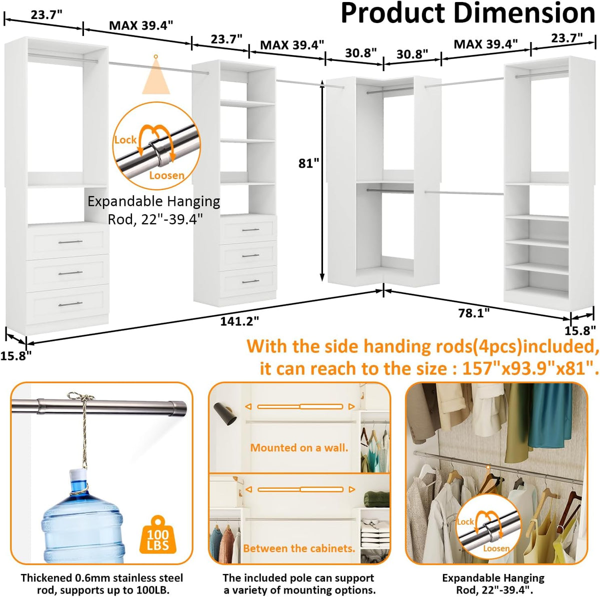 vomavex closet system with 4 sets, 101.9" closet, side view