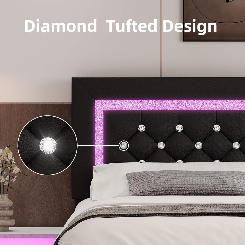 Full Bed Frame with LED Lights, Diamond Tufted Headboard, Black