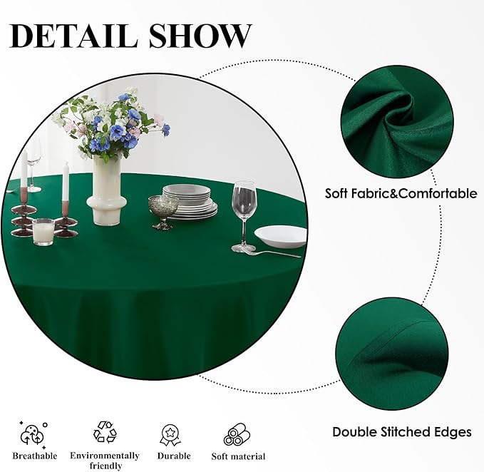 Round Tablecloth 120 Inch 2 Pack Dark Green Tablecloths Washable Decorative - Image 4