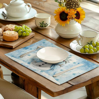 Blue Snowman Snowflake Winter Placemats Set of 4 Seasonal Christmas Linen Table - Image 6
