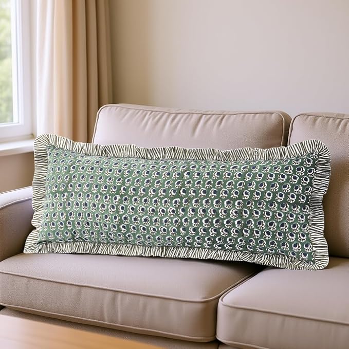 Ridhi Basil Green 100% Cotton Block Print Ruffle Lumbar Sham Cover Handmade by Ridhi