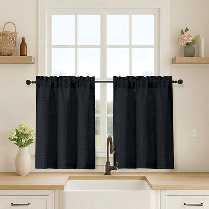 OVZME Black Cafe Curtains 30 Inch Length, Light Filtering Faux Linen Textured by OVZME