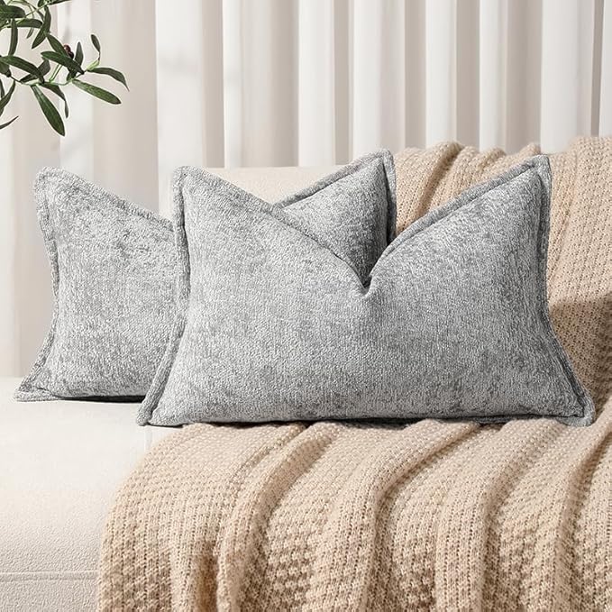 Pack of 2 Light Gray Decorative Throw Pillow Covers 12x20 Cozy Soft Chenille by DEZENE