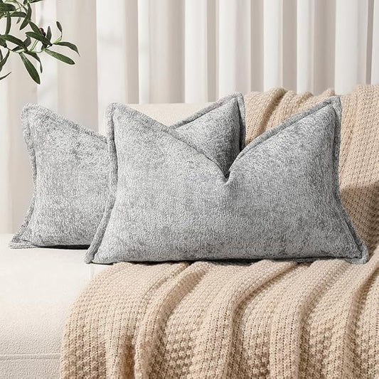 Pack of 2 Light Gray Decorative Throw Pillow Covers 12x20 Cozy Soft Chenille by DEZENE