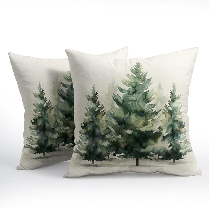 Watercolor Green Tree Throw Pillow Covers 24x24 Inch Set of 2 Green Christmas - Image 2