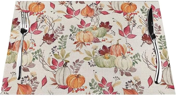 Fall Placemats Set of 4, Pumpkin Maple Leaf Flower Decorative Table Mat 12 x 18 - Image 2