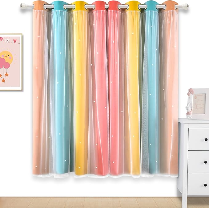 Kinryb Nursery/Kids/Girls Room Star Cut Out Blackout Rainbow Curtain - Image 4