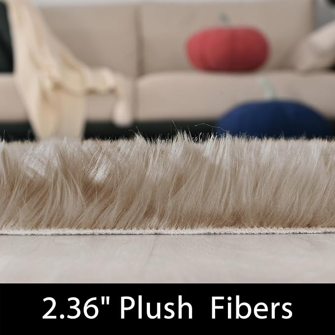 Latepis 5x8 Area Alfombras para Salas Washable Light Brown Beige Faux Fur - Image 2
