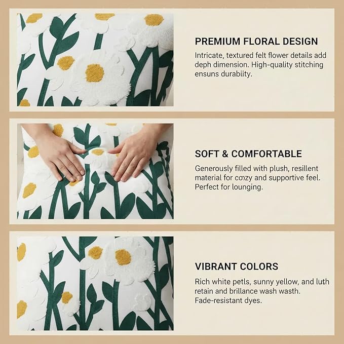 18x18 Embroidered Throw Pillow Cover – Green Daisy Floral Cotton Decorative - Image 8
