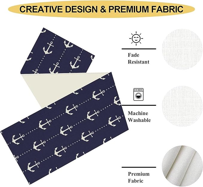 Anchor Table Runner, Nautical Navy Blue Retro Sailing Seasonal Anchor Print - Image 5
