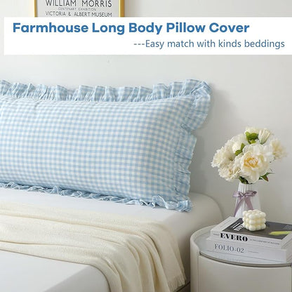 Light Blue White Plaid Ruffle Gingham Bedding Body Pillow Cover, 100% Cotton - Image 3