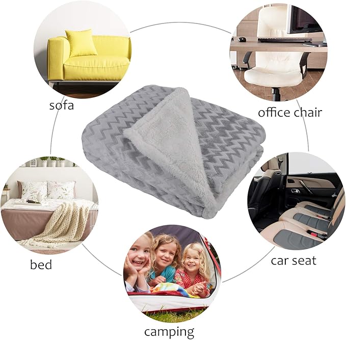 Catalonia Silky Soft Grey Sherpa Throw Blanket, Flannel Chevron Micro Plush - Image 5