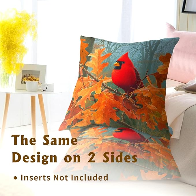 Fall Cardinal Throw Pillow Covers 20x20 Inch Set of 2 Red Bird Maple Leaves - Image 5