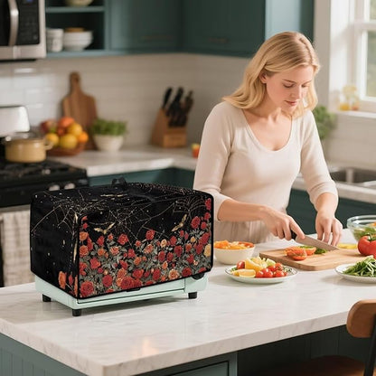 Red Rose Bat Cobweb Print Microwave Oven Dust Cover Polyester-Linen Fabric Dust - Image 3
