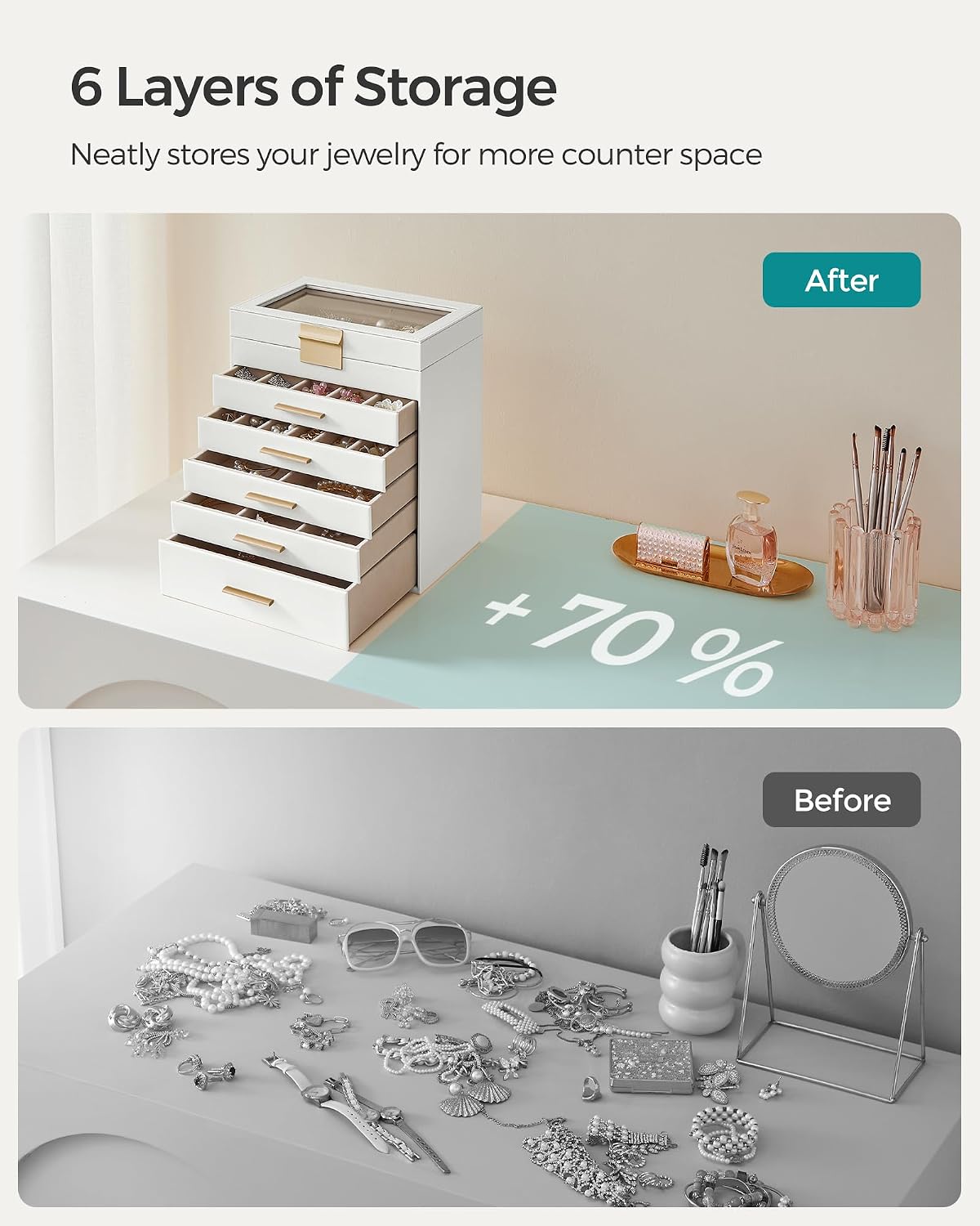 songmics jewelry box organizer, 6-layer storage with 5 on a desk or shelf